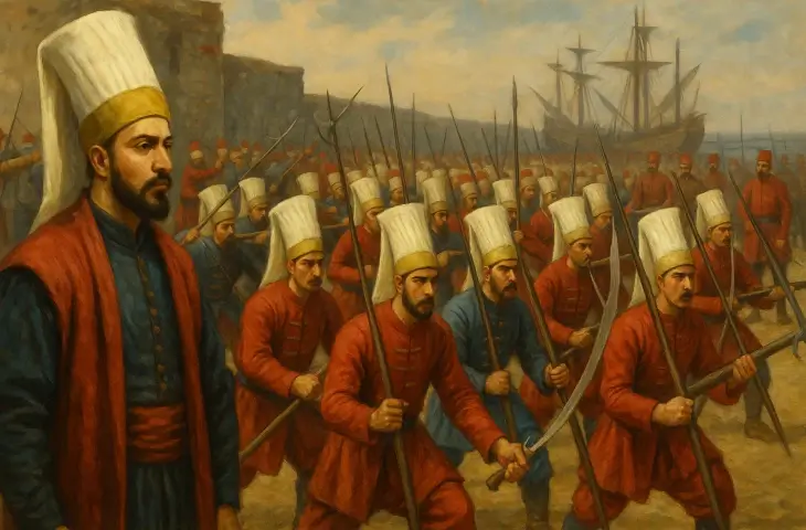 1453 kuşatmasında Osmanlı ordusunun merkezinde yer alan Yeniçeri birliklerinin düzenli ilerleyişini gösteren tarihsel canlandırma.